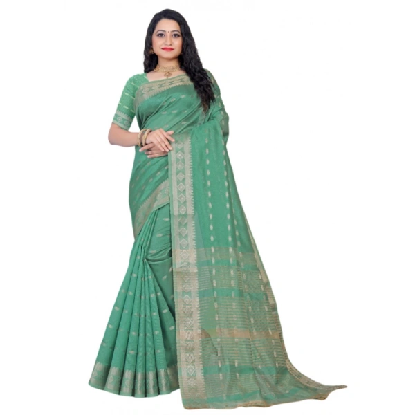 Women's Silk Blend Woven Saree With Unstitched Blouse 5.5Mtr (Dark Green) - Dark Green