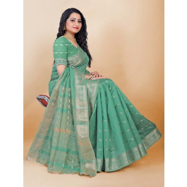Women's Silk Blend Woven Saree With Unstitched Blouse 5.5Mtr (Dark Green) - Dark Green