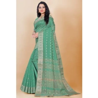 Women's Silk Blend Woven Saree With Unstitched Blouse 5.5Mtr (Dark Green) - Dark Green