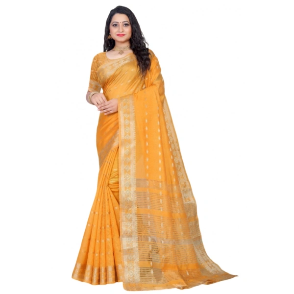 Women's Silk Blend Woven Saree With Unstitched Blouse 5.5Mtr (Yellow) - Yellow