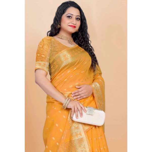 Women's Silk Blend Woven Saree With Unstitched Blouse 5.5Mtr (Yellow) - Yellow