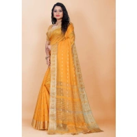 Women's Silk Blend Woven Saree With Unstitched Blouse 5.5Mtr (Yellow) - Yellow