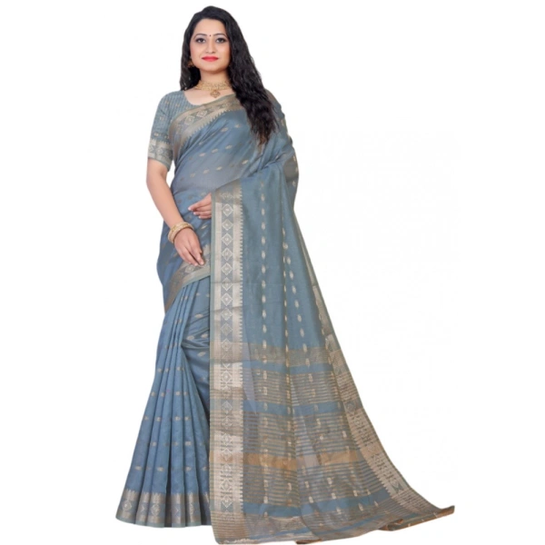 Women's Silk Blend Woven Saree With Unstitched Blouse 5.5Mtr (Grey) - Grey