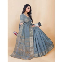 Women's Silk Blend Woven Saree With Unstitched Blouse 5.5Mtr (Grey) - Grey
