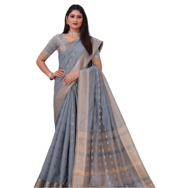 Women's Silk Blend Woven Saree With Unstitched Blouse 5.5Mtr (Grey) - Grey