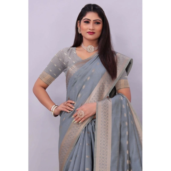 Women's Silk Blend Woven Saree With Unstitched Blouse 5.5Mtr (Grey) - Grey