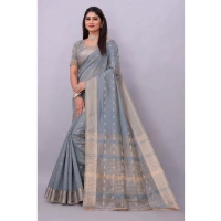 Women's Silk Blend Woven Saree With Unstitched Blouse 5.5Mtr (Grey) - Grey