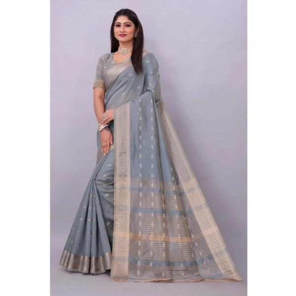 Women's Silk Blend Woven Saree With Unstitched Blouse 5.5Mtr (Grey) - Grey