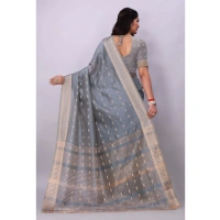Women's Silk Blend Woven Saree With Unstitched Blouse 5.5Mtr (Grey) - Grey