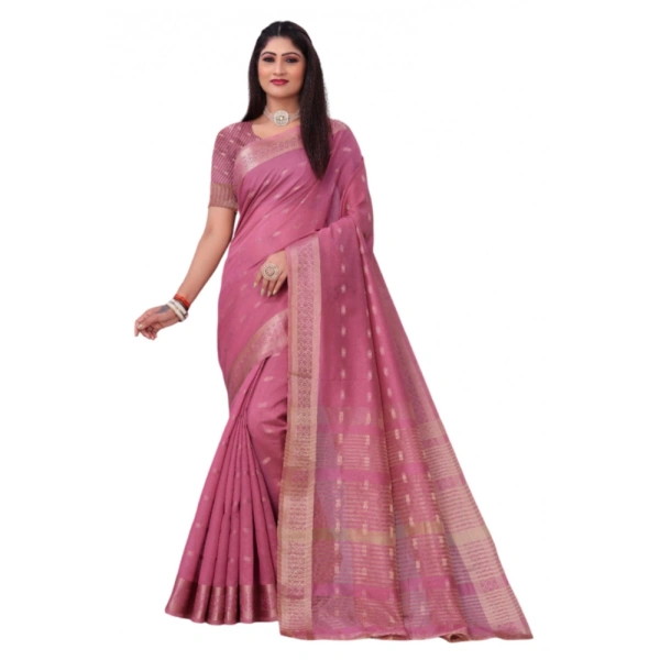 Women's Silk Blend Woven Saree With Unstitched Blouse 5.5Mtr (Pink) - Pink