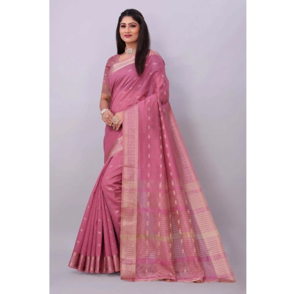 Women's Silk Blend Woven Saree With Unstitched Blouse 5.5Mtr (Pink) - Pink