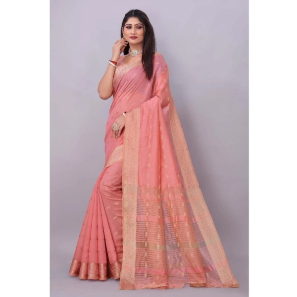 Women's Silk Blend Woven Saree With Unstitched Blouse 5.5Mtr (Pink) - Pink