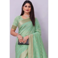 Women's Silk Blend Woven Saree With Unstitched Blouse 5.5Mtr (Light Green) - Light Green