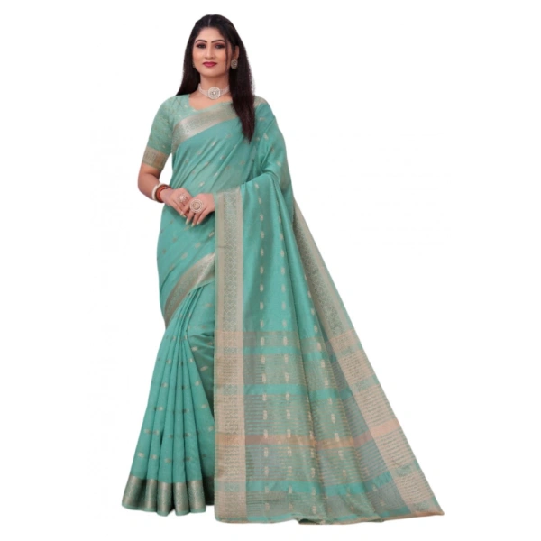 Women's Silk Blend Woven Saree With Unstitched Blouse 5.5Mtr (Dark Green) - Dark Green