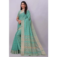 Women's Silk Blend Woven Saree With Unstitched Blouse 5.5Mtr (Dark Green) - Dark Green