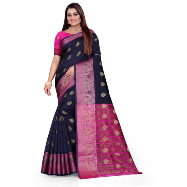 Women's Silk Blend Woven Saree With Unstitched Blouse 5.5Mtr (Dark Blue) - Dark Blue