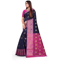 Women's Silk Blend Woven Saree With Unstitched Blouse 5.5Mtr (Dark Blue) - Dark Blue