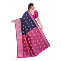 Women's Silk Blend Woven Saree With Unstitched Blouse 5.5Mtr (Dark Blue) - Dark Blue