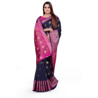 Women's Silk Blend Woven Saree With Unstitched Blouse 5.5Mtr (Dark Blue) - Dark Blue