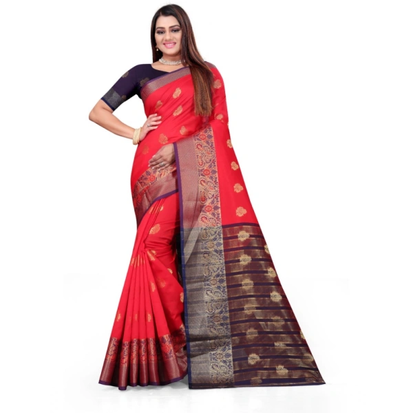 Women's Silk Blend Woven Saree With Unstitched Blouse 5.5Mtr (Red) - Red