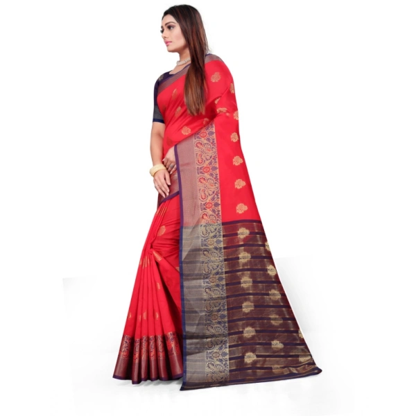Women's Silk Blend Woven Saree With Unstitched Blouse 5.5Mtr (Red) - Red