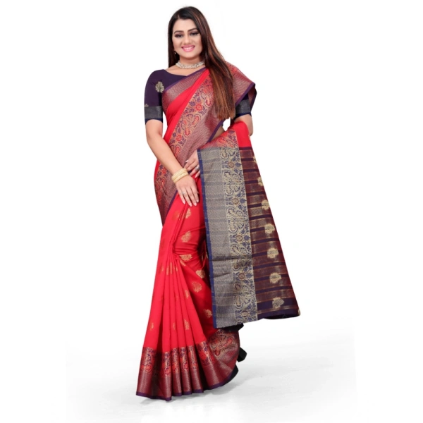 Women's Silk Blend Woven Saree With Unstitched Blouse 5.5Mtr (Red) - Red