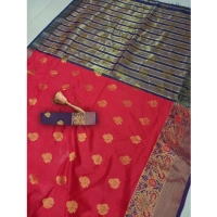Women's Silk Blend Woven Saree With Unstitched Blouse 5.5Mtr (Red) - Red