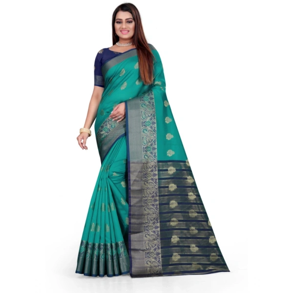 Women's Silk Blend Woven Saree With Unstitched Blouse 5.5Mtr (Green) - Green