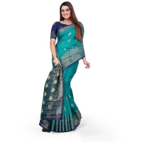 Women's Silk Blend Woven Saree With Unstitched Blouse 5.5Mtr (Green) - Green