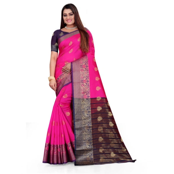 Women's Silk Blend Woven Saree With Unstitched Blouse 5.5Mtr (Pink) - Pink
