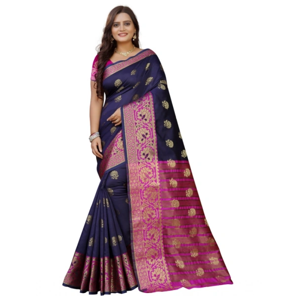 Women's Silk Blend Woven Saree With Unstitched Blouse 5.5Mtr (Dark Blue-Pink) - Dark Blue-Pink