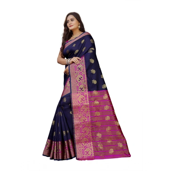 Women's Silk Blend Woven Saree With Unstitched Blouse 5.5Mtr (Dark Blue-Pink) - Dark Blue-Pink