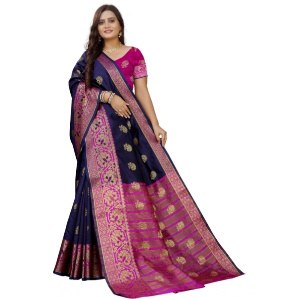 Women's Silk Blend Woven Saree With Unstitched Blouse 5.5Mtr (Dark Blue-Pink) - Dark Blue-Pink