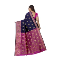 Women's Silk Blend Woven Saree With Unstitched Blouse 5.5Mtr (Dark Blue-Pink) - Dark Blue-Pink