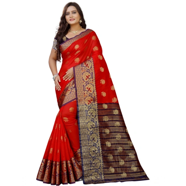 Women's Silk Blend Woven Saree With Unstitched Blouse 5.5Mtr (Purple-Red) - Purple-Red