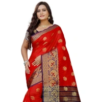 Women's Silk Blend Woven Saree With Unstitched Blouse 5.5Mtr (Purple-Red) - Purple-Red