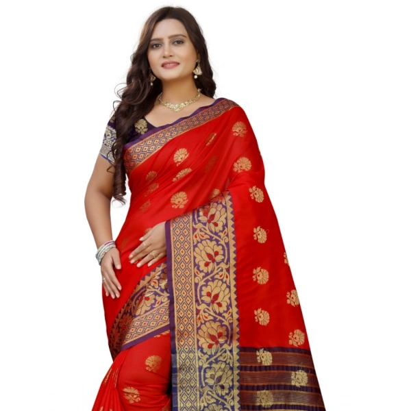 Women's Silk Blend Woven Saree With Unstitched Blouse 5.5Mtr (Purple-Red) - Purple-Red