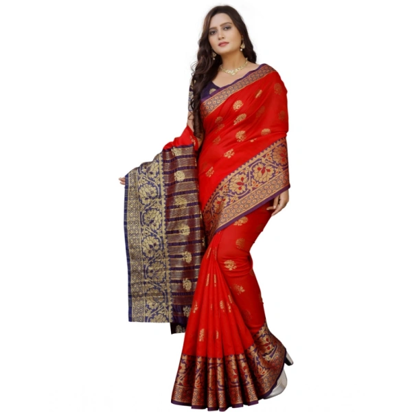 Women's Silk Blend Woven Saree With Unstitched Blouse 5.5Mtr (Purple-Red) - Purple-Red