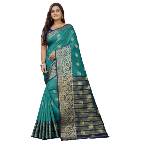 Women's Silk Blend Woven Saree With Unstitched Blouse 5.5Mtr (Dark Blue-Green) - Dark Blue-Green