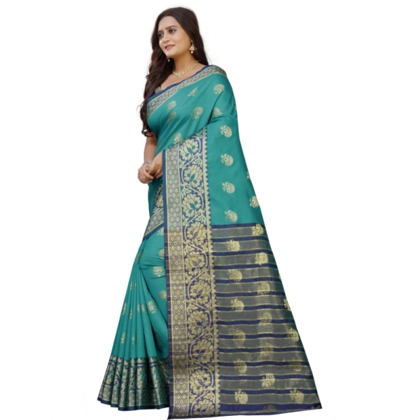 Women's Silk Blend Woven Saree With Unstitched Blouse 5.5Mtr (Dark Blue-Green) - Dark Blue-Green