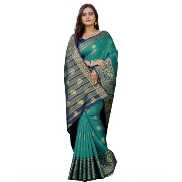 Women's Silk Blend Woven Saree With Unstitched Blouse 5.5Mtr (Dark Blue-Green) - Dark Blue-Green