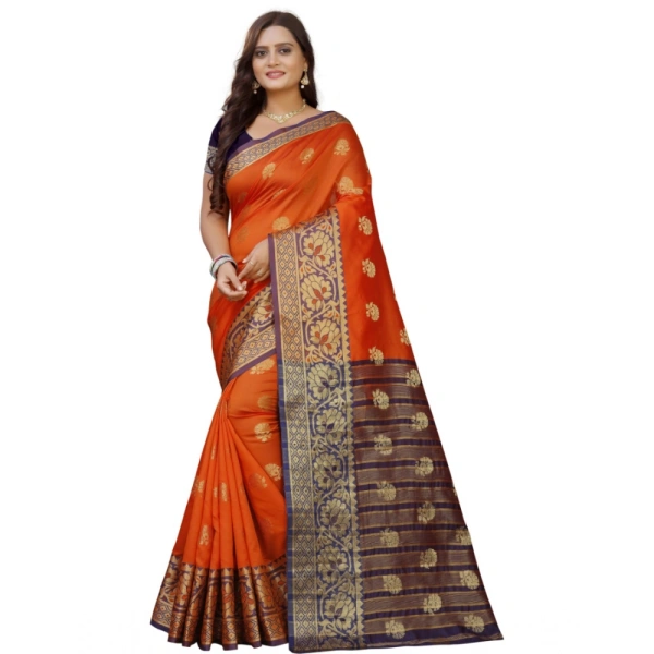 Women's Silk Blend Woven Saree With Unstitched Blouse 5.5Mtr (Gold-Orange) - Gold-Orange