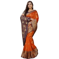 Women's Silk Blend Woven Saree With Unstitched Blouse 5.5Mtr (Gold-Orange) - Gold-Orange