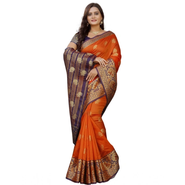 Women's Silk Blend Woven Saree With Unstitched Blouse 5.5Mtr (Gold-Orange) - Gold-Orange