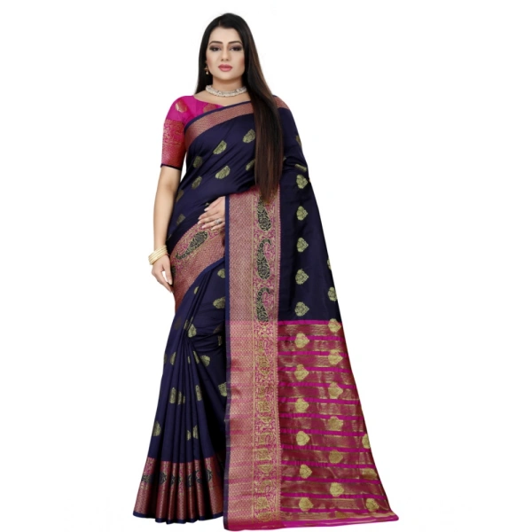 Women's Silk Blend Woven Saree With Unstitched Blouse 5.5Mtr (Dark Blue-Pink) - Dark Blue-Pink