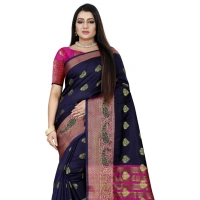 Women's Silk Blend Woven Saree With Unstitched Blouse 5.5Mtr (Dark Blue-Pink) - Dark Blue-Pink
