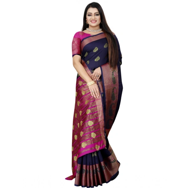 Women's Silk Blend Woven Saree With Unstitched Blouse 5.5Mtr (Dark Blue-Pink) - Dark Blue-Pink