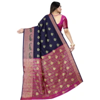 Women's Silk Blend Woven Saree With Unstitched Blouse 5.5Mtr (Dark Blue-Pink) - Dark Blue-Pink