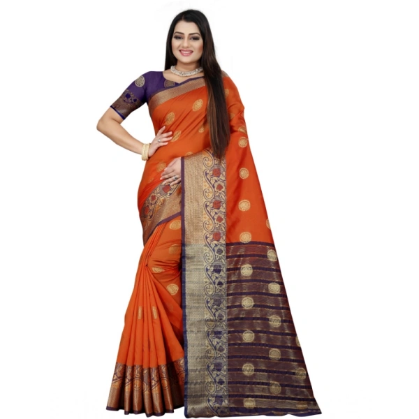 Women's Silk Blend Woven Saree With Unstitched Blouse 5.5Mtr (Blue-Orange) - Blue-Orange