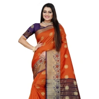 Women's Silk Blend Woven Saree With Unstitched Blouse 5.5Mtr (Blue-Orange) - Blue-Orange